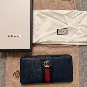 New Gucci Wallet Leather Ophidia Zip Around Sherry Line Long Navy